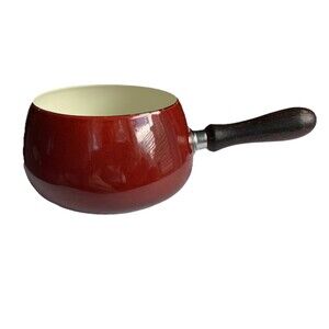 Vintage Red / Burnt Orange Wooden Handle Enameled Fondue Pot - No Lid - 5”